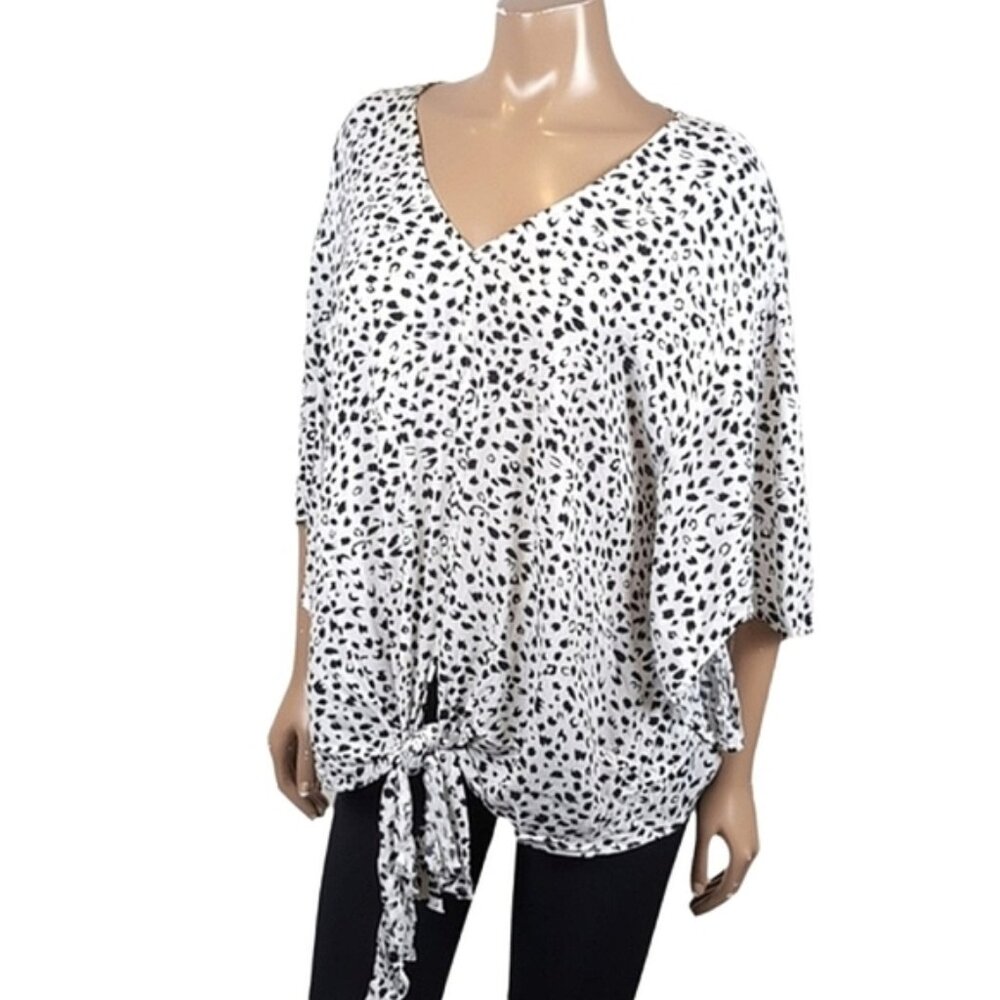 Northern Reflections Leopard Top Womens Size XL White Black Tie Hem Wide Sleeve
